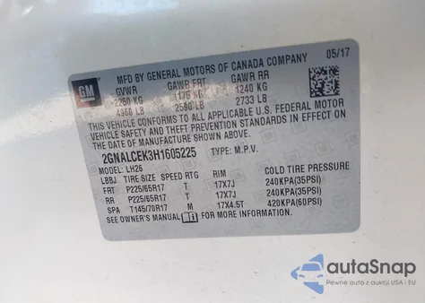 2017 Chevrolet Equinox Lt z USA, uszkodzony, nr VIN 2GNALCEK3H1605225